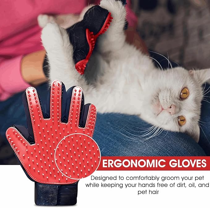 Premium Pet Grooming Gloves, Silicone Massage Brush for Dogs and Cats, Adjustable Size 9.13x6.77 Inch, Hair Removal and Bathing Tool (Red)