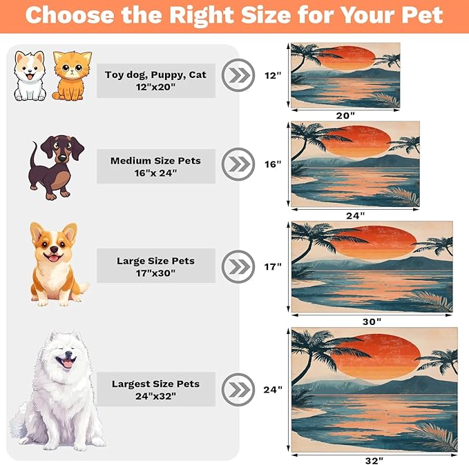 Beach Sunset Dog Food Mat for Floors Absorbent, Quick Dry Water Dispenser Mat for Food, Water, Pet Supplies 17" x 30", Boho Mountain