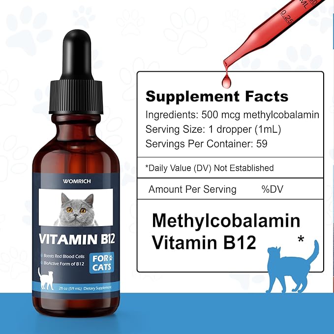 Appetite Stimulant Vitamin B12 for Cats | Methylcobalamin (Methyl B12) | Treatment of EPI in Cats Boosts Red Blood Cell Formation, Energy, Nervous System, Treats Pancreatitis | 2 fl oz