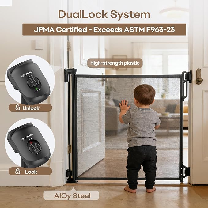 Retractable Safety Baby Gate or Mesh Dog Gate,Durable Portable Mesh Retractable Gate,Easy to Use for Stairs, Doorways, Hallways, Indoor, Outdoor, 33.5" Tall, Up to 45" Wide, Black