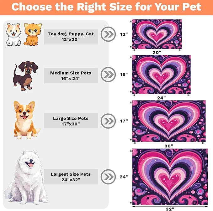 Lovely Heart Dog Food Mat for Floors Absorbent, Quick Dry Water Dispenser Mat for Food, Water, Pet Supplies 16" x 24", Valentine's Day