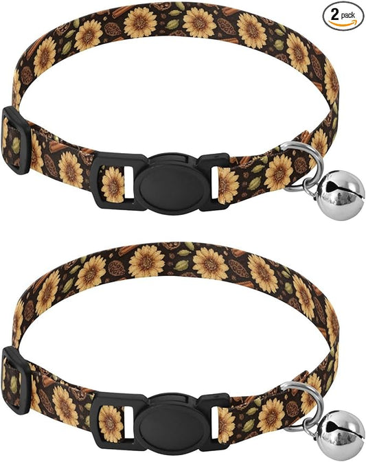 Dog Collar Fall Flowers Spices Black Pattern Dog Collars Puppy Collar Cat Pet Collar with Adjustable Buckle for Dogs Cats Pets Supplies 2 Pack