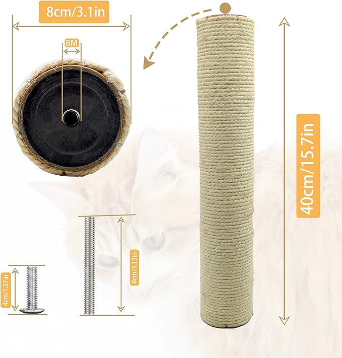 M8 Cat Scratching Post Replacement,4PCS Cat Tree Replacement Post 15.7 in Natural Sisal Kitty Scratcher Refill Poles DIY Scratch Tower Repair Pole for Kittens Furniture Spare Parts