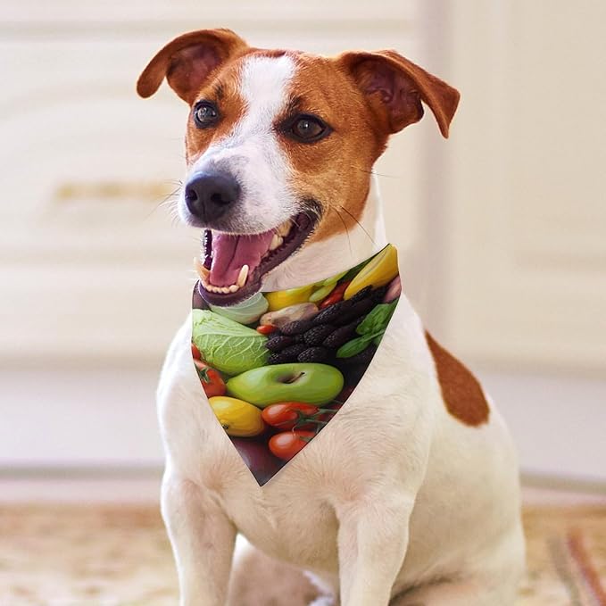 Dog Bandana Spring Pet Scarf Adjustable Triangle Fresh Fruits and Vegetables Printing Dog Bib Washable Polyester Puppy Bandana for Small Medium Large Dogs Cat Birthday Party Supplies