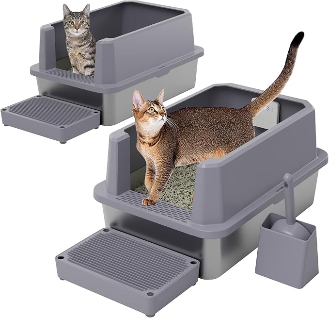 RIZZARI Stainless Steel Litter Box: Gray Leakproof Open Top Tray - Teflon Non-Stick Coating - Large Size Odor Control for Cats Under 20 lbs - with Deodorizer - 2 Pack - for Laundry Room Restroom