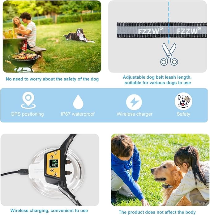 Plkm Dog Wireless Fence Pet Electric GPS Fence Containment System, Adjustable Control Range Warning Strength, Wireless Charging Wireless Dog Fence, Fully Sealed Waterproof Collar Receiver