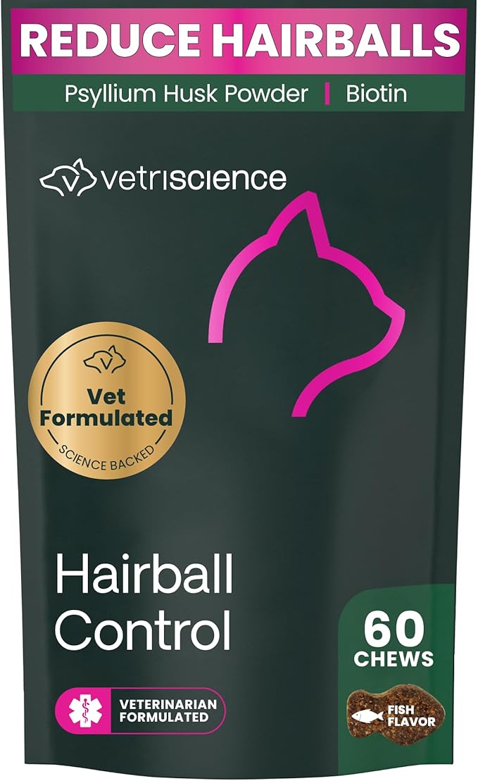 VetriScience Hairball Control Chews, Gentle Hairball Remedy for Cats, Omega-3 and Fiber Supplement, Support Digestion and Skin and Coat, Reduce Hairballs, Tasty Small Bites, Chicken, 60 Count