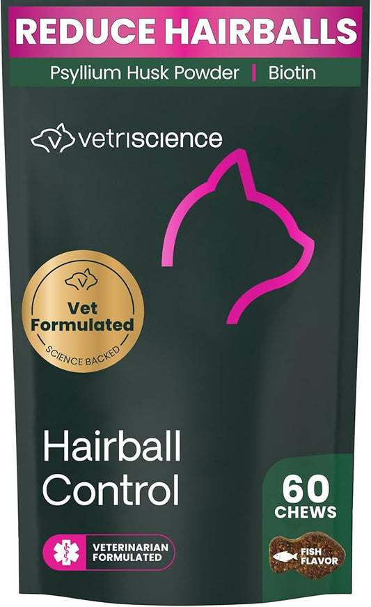 VetriScience Hairball Control Chews, Gentle Hairball Remedy for Cats, Omega-3 and Fiber Supplement, Support Digestion and Skin and Coat, Reduce Hairballs, Tasty Small Bites, Chicken, 60 Count