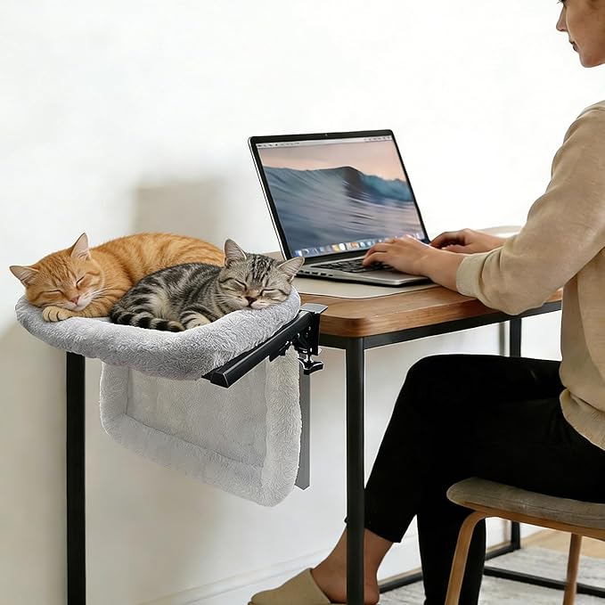 Cat Hammock for Desk Side - Foldable Office & Gaming Perch, Soft Faux Rabbit Fur Calming Bed, Heavy Duty Metal Frame Holds 33 lbs, Prevents Keyboard Sitting