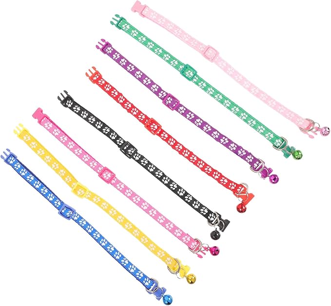 DECHOUS 8pcs Pet Dog Collars with Paw Print Pattern and Bell, Adjustable Mixed Color Printed Collars for Cats and Small Dogs, Decorative Pet Supplies for Daily Wear Random Color