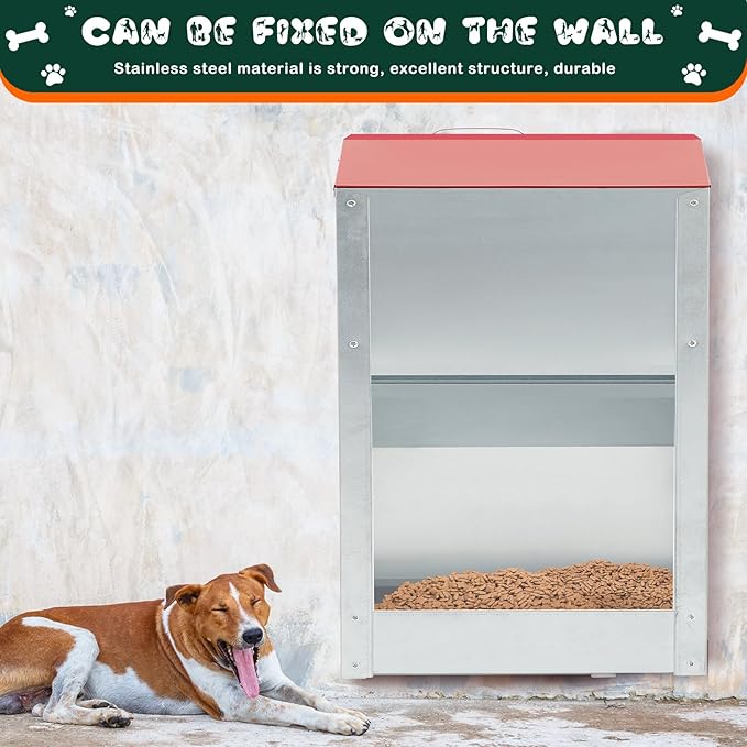 2 Pcs 50 Lbs Large Automatic Dog Feeders with Handle Acrylic Panel Galvanized Gravity Feeder Outdoor Hanging for Doggie Breed Dog Food Dispenser Container(Red)