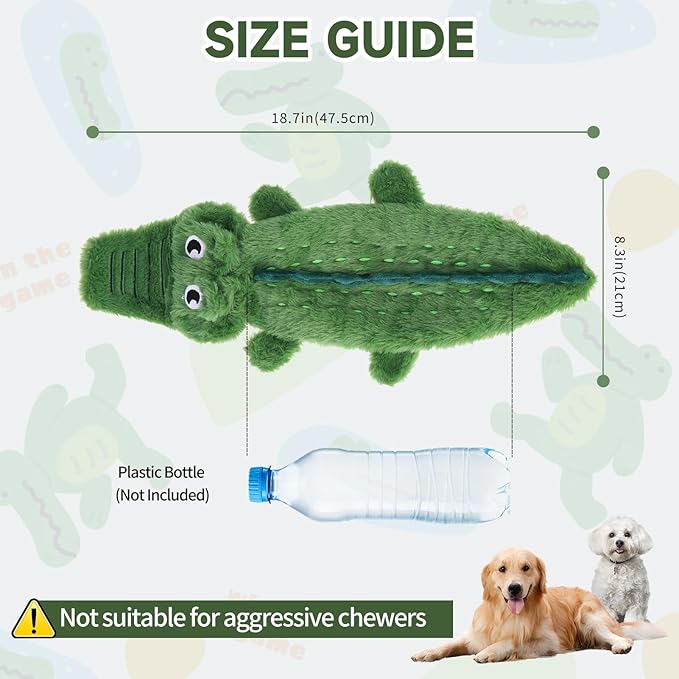 Mihachi No Stuffing Crinkle Dog Toys, 2-in-1 Holds Water Bottles - Cruncher with Puncture Resistant Squeaker, Dog Squeak Toys Plush Dogs Chew Toy for Puppy Small Medium Large Breed Chewer, Crocodile