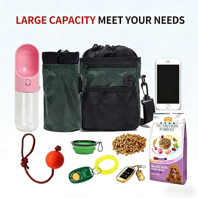 Dog Treat Pouch with Water Bottle Bag, Treat Pouches for Pet Training, Large Dog Training Treat Pouch Built-in Poop Bag Dispenser Suitable for Climbing Hiking Dog Walking