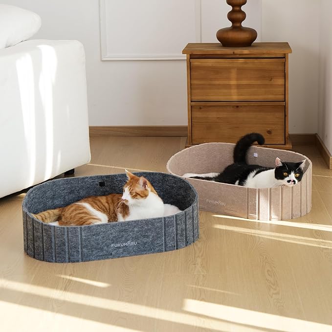 FUKUMARU Cat Beds for Indoor Cats, 24 Inch Large Cat Couch Bed with Cozy Faux Rabbit Fur Cushion, Felt Cats House Sofa in Oval Shape, Camel