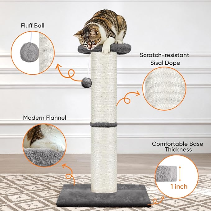 PAWSCRAT Cat Scratching Post 32" Tall, Large Diameter Natural Sisal Cat Scratch Post with Dangling Ball, Scratch-Resistant and Durable Tall Cat Scratcher for Indoor Cats, Protect Your Furniture, Grey