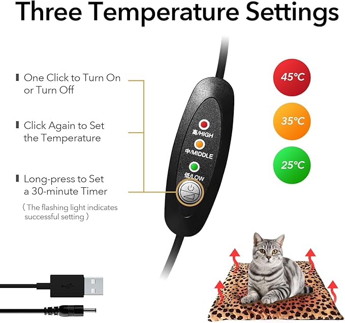 USB Heating Warmer Pad Bed for Cat, Small Dog and Pet, Safe 5V2A Power-Bank Battery Operated, 3-Temperature Settings, Washable, for Indoor and Outdoor Use. 15" x 19" x 0.6" (Black)