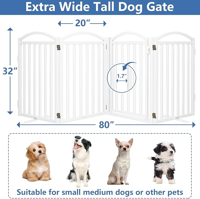 Malier Metal Freestanding Dog Gates with Door, 32'' Height Outdoor Indoor Dog Fences, Extra Wide Foldable Puppy Gate for Stairs (White, 【4 Panels with Door】 80''W × 32''H)