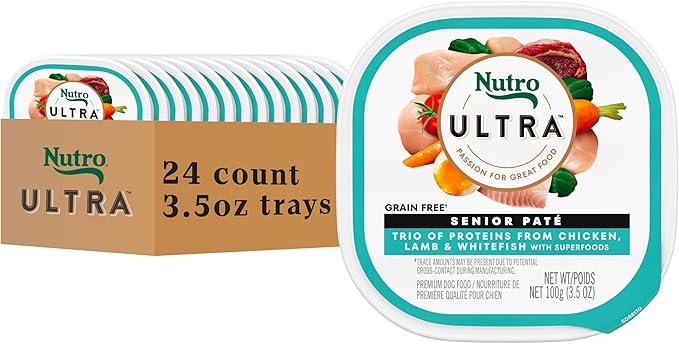 Nutro Ultra Wet Dog Food Senior Pate Trio of Proteins Chicken, Lamb & Whitefish, Senior Dog Wet Food, 3.5 oz. Trays, (24 Count, Pack of 1)