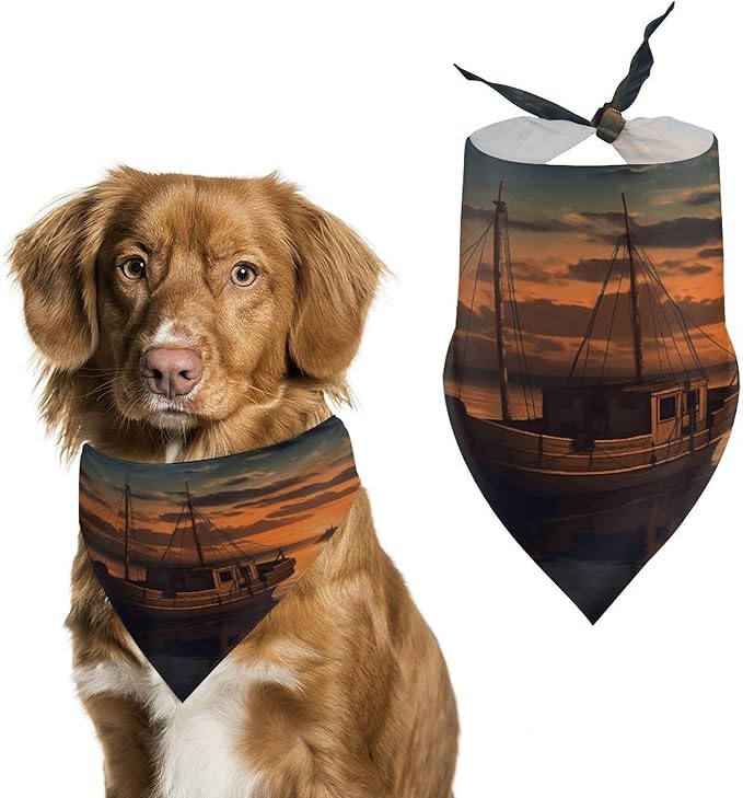 Dog Bandana Spring Pet Scarf Adjustable Triangle Boat at Dusk Printing Dog Bib Washable Polyester Puppy Bandana for Small Medium Large Dogs Cat Birthday Party Supplies