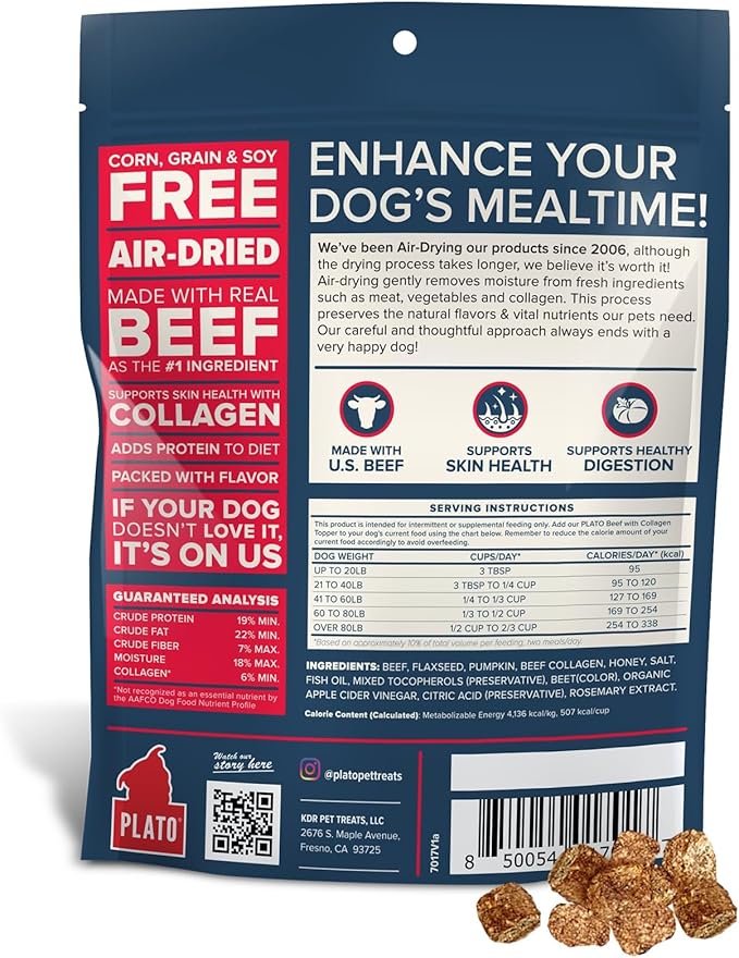 Plato Pet Treats Dog Food Toppers - Air-Dried Dog Food Toppers for Dry Food - with Collagen to Support Skin and Coat Health - Beef and Collagen Recipe 5.5oz