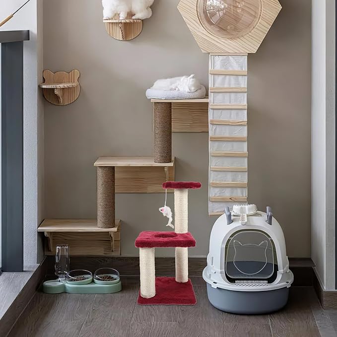 FRCOLOR Multi-Layer Sisal Cat Scratching Post with Mouse Vertical Cat Tree Tower 3-Tier Climbing Stand for Indoor and Kittens Burgundy Household Pet Furniture