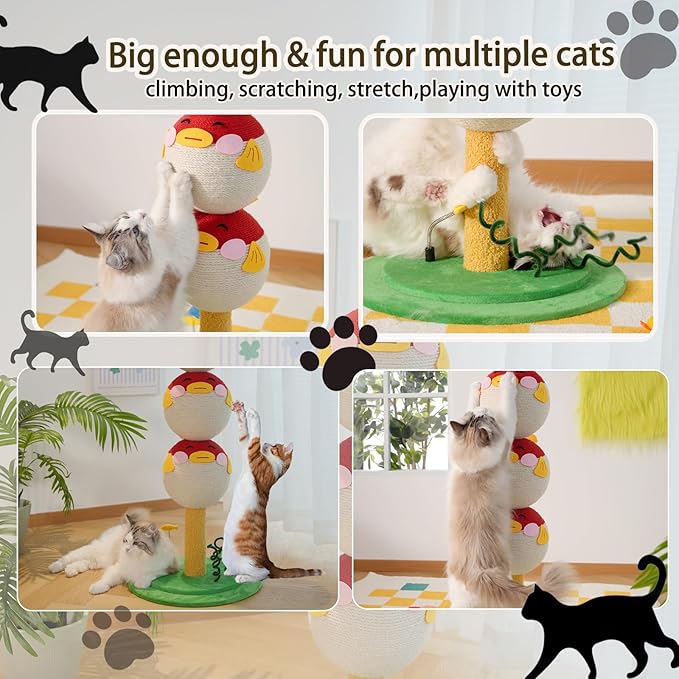 Cute Cat Scratching Post - 31.5" Tall Indoor Cat Tree Tower with Sisal Rope and Interactive Cat Toys, Featuring a Sturdy Base for Kittens and Adult Cats to Stretch Vertically