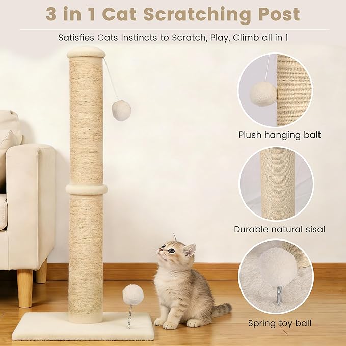 22" Small Cat Scratching Post, 3-in-1 Durable Sisal Vertical Cat Scratcher Post with Hanging Ball, Soft Fabric Stable Base Cat Scratch Pole for Kittens or Smaller Cats, Beige