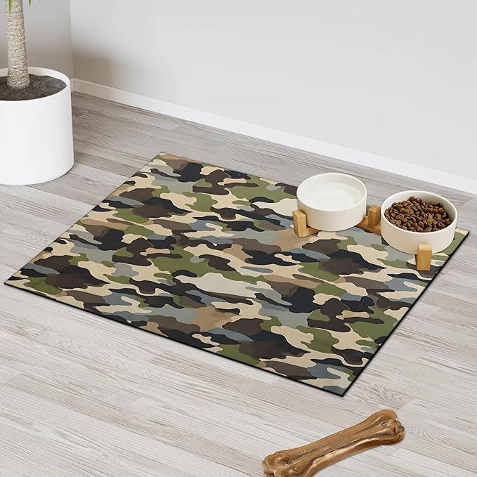 Green Camouflage Dog Food Mat for Floors Absorbent Dog Bowl Mat for Food and Water Dispenser Quick Dry Cat Food Placemat Pet Supplies 24" x 32", Woodland Camo