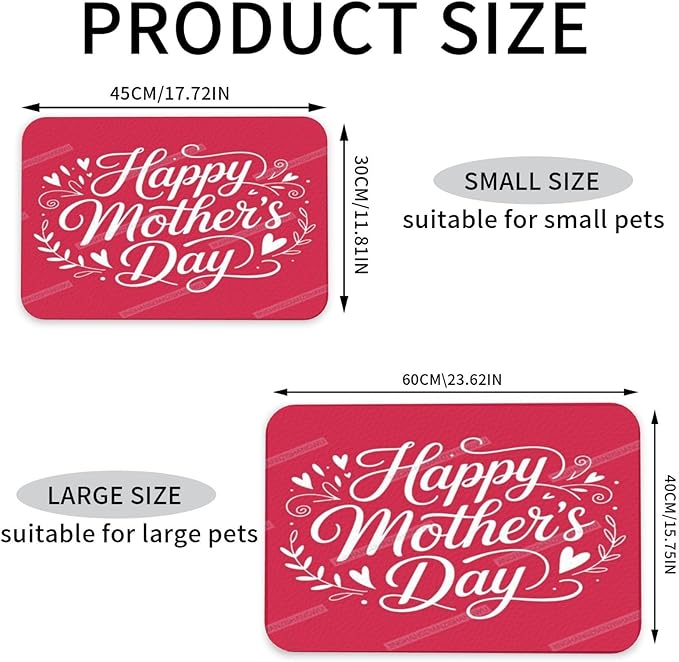Pet Feeding Mats with Residue Collection Red Happy Mother's Day Floral Gift for Mom Dw Waterproof Dog Cat Bowl Mat 24x16In with Prevent Water Food Spills