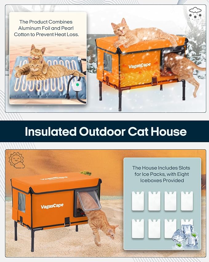 Heated Outdoor Cat House for Outside Pets in Winter - Outdoor House for Ferals, Safe Escape Door Included, Rainproof & Windproof, Easy Installation (Orange)
