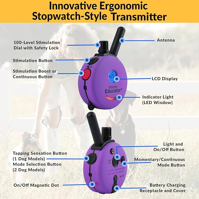 Educator E-Collar Humane Dog Training Collar with Remote, 100 Safe Tapping Stimulation Levels Night Light Waterproof Rechargeable 1/3 Mile, includes Premium Finger Clicker for Small/Medium Dog, Purple