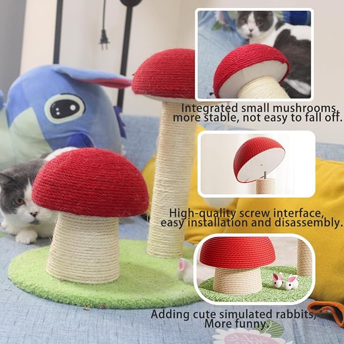 Red Mushroom Cat Scratching Post, Kitten Post Scratcher, Big 16in Base, Mushroom Cat Tree, Natural Sisal Scratching Poles with Interactive Toy Ball, Cute Furniture Scratching Posts for Indoor Cats