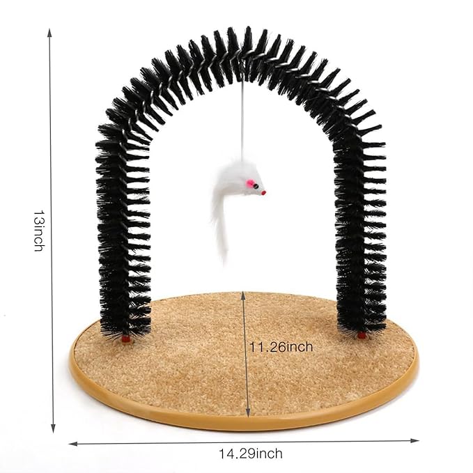 Cat Brush Arch Massager, Self Groomer with Scratch Pad Hanging Plush Mice Comb Scratcher Non-slip Kitten Back Massager for Pets