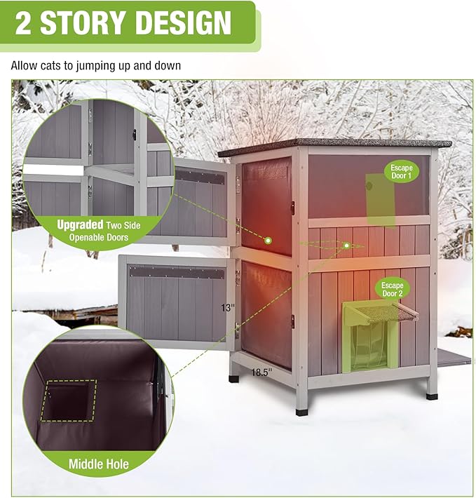 GUTINNEEN Heated Cat House for Outside, 2-Story Outdoor Cat House Insulated with Electric Heating Blanket, Waterproof Wooden Cat Shelter with Bite-Resistant Wires