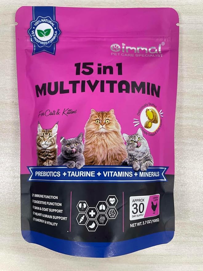 Cat Multivitamin Treats Chews, 15-in-1 Cat Chews for Health, Immune, Digestive, Skin & Coat - Chicken Flavor Soft-Crunchy Bites with Taurine, Omega Fatty Acids, Prebiotics & Vitamins