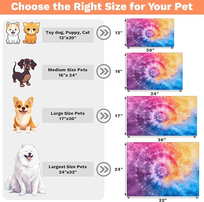 Tie Dye Dog Food Mat for Floors Absorbent, Quick Dry Water Dispenser Mat for Food, Water, Pet Supplies 17" x 30", Boho Abstract