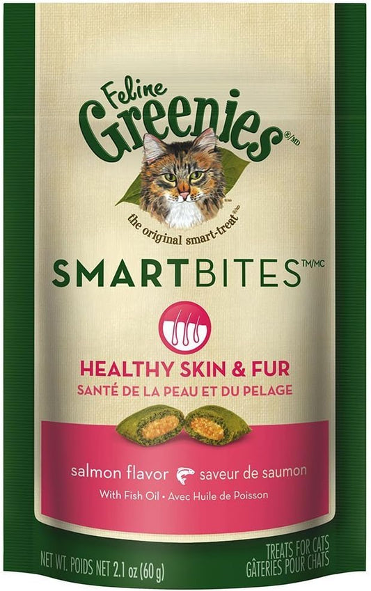 Greenies Feline SMARTBITES Skin & Fur Salmon 2.1oz - Six (6) Packages