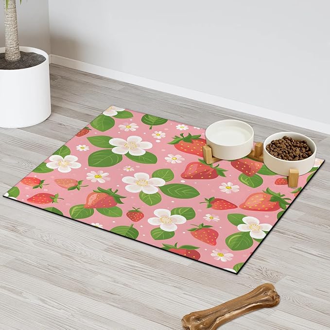 Cute Strawberry Dog Food Mat for Floors Absorbent Dog Bowl Mat for Food and Water Dispenser Quick Dry Cat Food Placemat Pet Supplies 24" x 32", Fruit Floral
