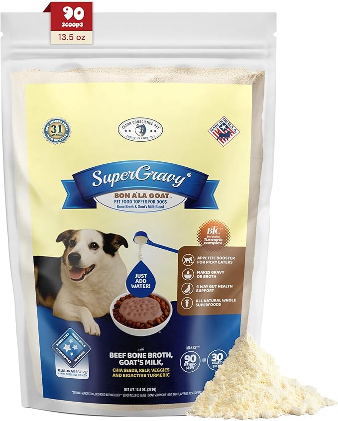 CLEAR CONSCIENCE PET® Bon A' La Goat™ SuperGravy® Natural Dog Food Gravy Topper, Hydration Broth Mix, Gluten and Grain Free Kibble Seasoning Powder Topper for Picky Eaters (13.5 oz. (90 Scoop))