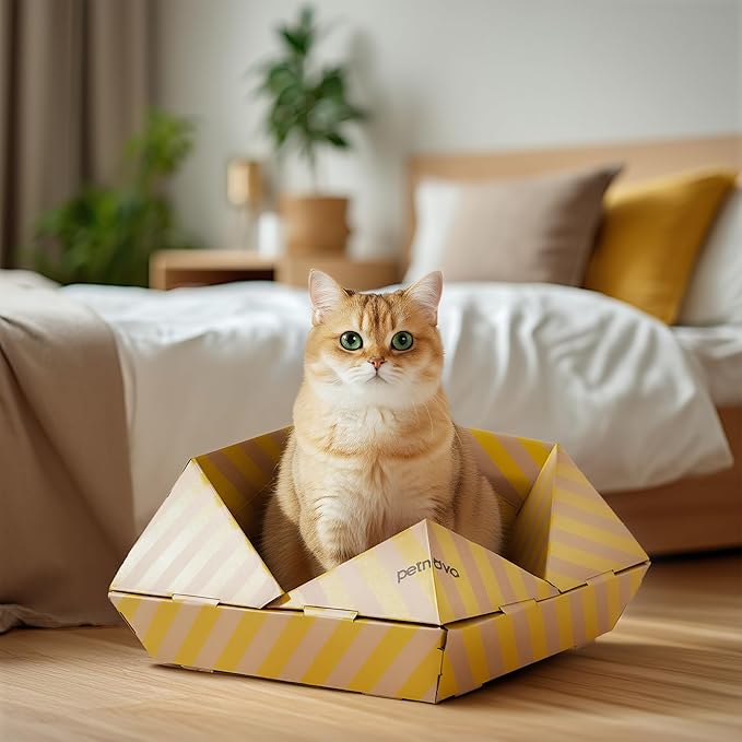 PETNOVO Foldable Cat Bed & House for Travel – Origami Cardboard Cat House with Built-in Honeycomb Scratcher Pad, No-Tools Assembly, FSC-Certified Recyclable, Yellow, 18.5" L x 18.5" W x 11.8" H