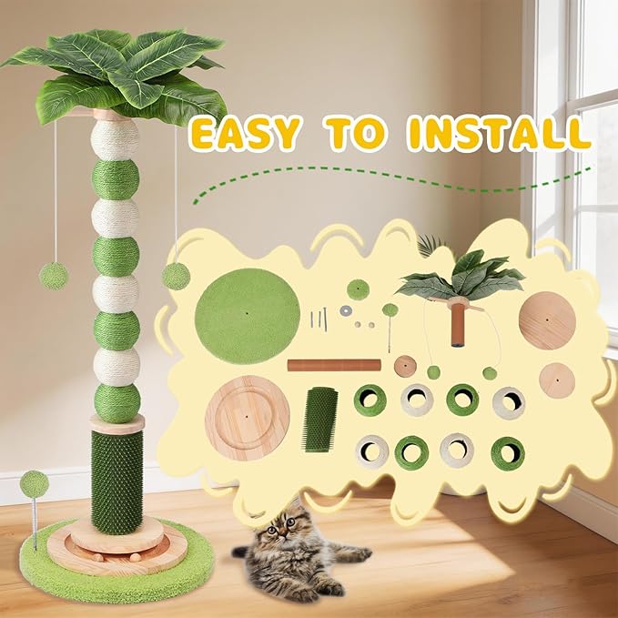 Cat Scratching Post,41'' Tall Cat Tree 3.8'' Diameter Sisal Rope Scratching Posts for Indoor Cats Adults,Cat Scratcher Ball with 360° Rotating Hangling Ball,Wood Interactive Ball Toy for Cats Kittens