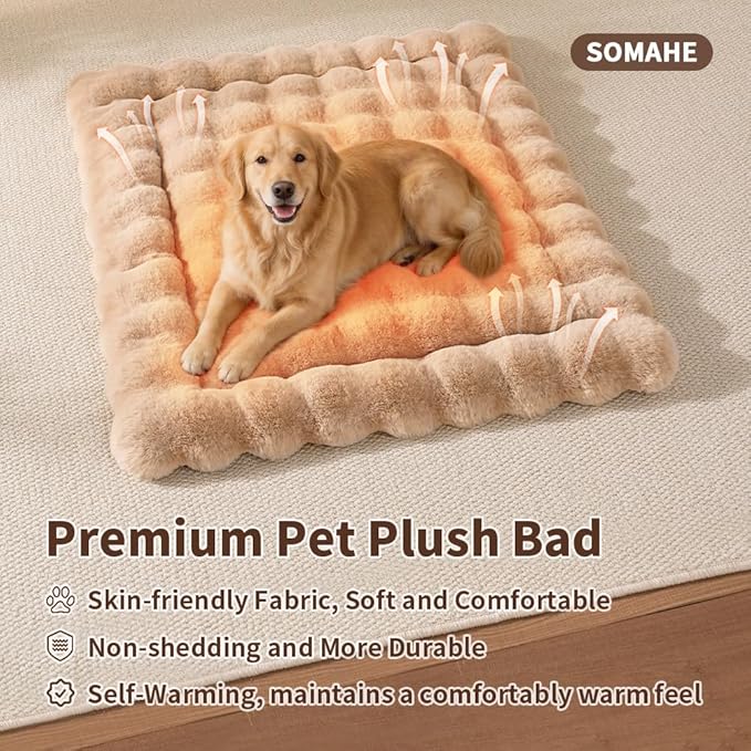Self-Warming Dog Bed, Plush Faux Fur Mat with Anti-Slip Bottom, Ultra Soft Heated Pet Bed for Medium Large Dogs, Cozy Fluffy Pad for Carriers Couch Crate, Machine Washable, 35 x 27 Inch Coffee