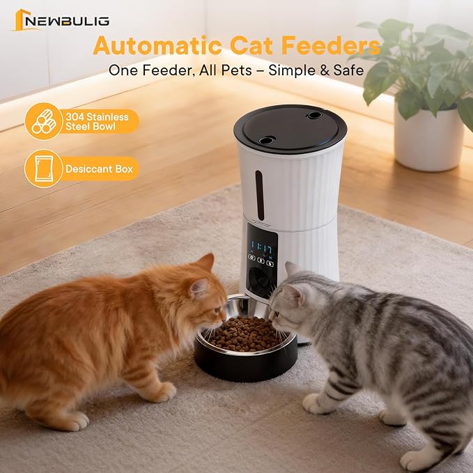 NEWBULIG Automatic Cat Feeder, 4L Timed Pet Feeders with 10s Voice Recorder, Dog Food Dispenser with APP Control, Dry Food, 10 Meals, Programmable 50 Portions, Dual Power Supply, Desiccant Bag