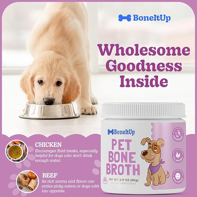 BoneItUp Dog Bone Broth Powder - Made with Real Beef & Chicken, Nutritious & Hydrating Dog Bone Broth Topper for Picky Eaters - Healthy Joints, Coat, Digestion Support (30 Servings)