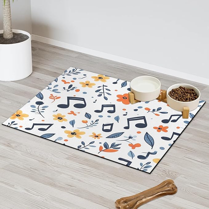 Music Note Dog Food Mat for Floors Absorbent Dog Bowl Mat for Food and Water Dispenser Quick Dry Cat Food Placemat Pet Supplies 24" x 32", Boho Flower