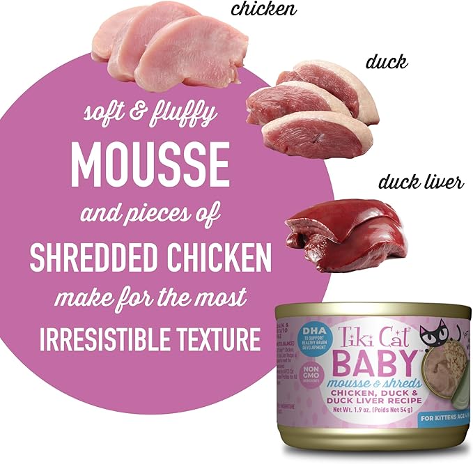 Tiki Cat Baby, Chicken Duck & Duck Liver Mousse & Shreds, High-Protein and Flavorful, Wet Cat Food for Kittens 4 Weeks Plus, 1.9 oz. Cans (Pack of 9)
