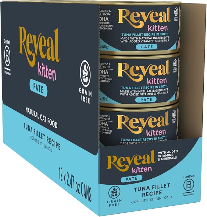 Reveal Entrées Natural Wet Kitten Food Paté, Grain-Free with Added Vitamins & Minerals, Carrageenan-Free and High Protein, Tuna Fillet in Paté (12 x 2.47 oz Cans)