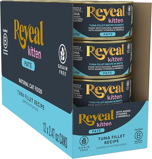 Reveal Entrées Natural Wet Kitten Food Paté, Grain-Free with Added Vitamins & Minerals, Carrageenan-Free and High Protein, Tuna Fillet in Paté (12 x 2.47 oz Cans)