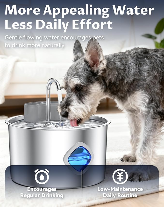 Water Bowl, Cordless Dog Water Fountain with Faucet-Style Flow, 3 Smart Dispensing Modes, Ultra-Quiet Pump, 3.2L Stainless Steel Dog Water Bowl for Dogs Cats (Bowl+12Set Filter)
