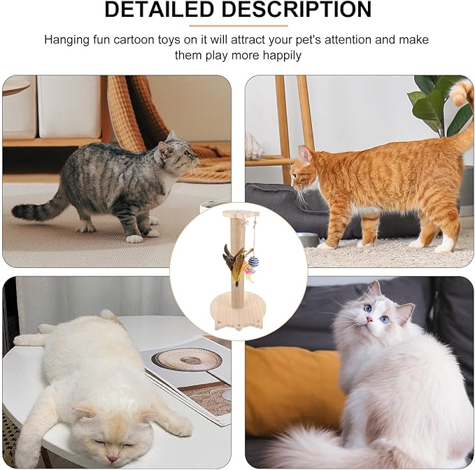 Artibetter Cat Scratching Post Indoor Sturdy Sisal Scratching Pole with Solid Wood Base Reusable Cat Claw and Kittens Random Color